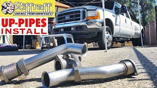 2001 F350 73  RiffRaff UpPipes Install  Stock up pipes leaking and falling apart JUNK SP [upl. by Peery]